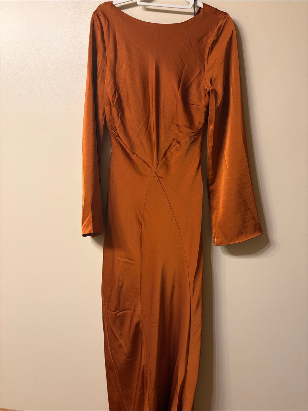 Lulu's Long Sleeve Satin Maxi Dress in Burnt Orange